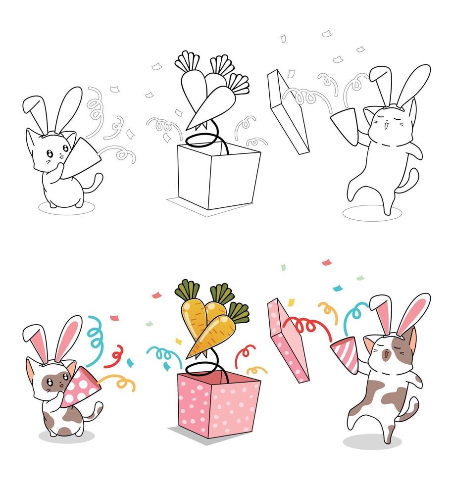 chats de lapin dans la page de coloriage de dessin animé de fête vecteur