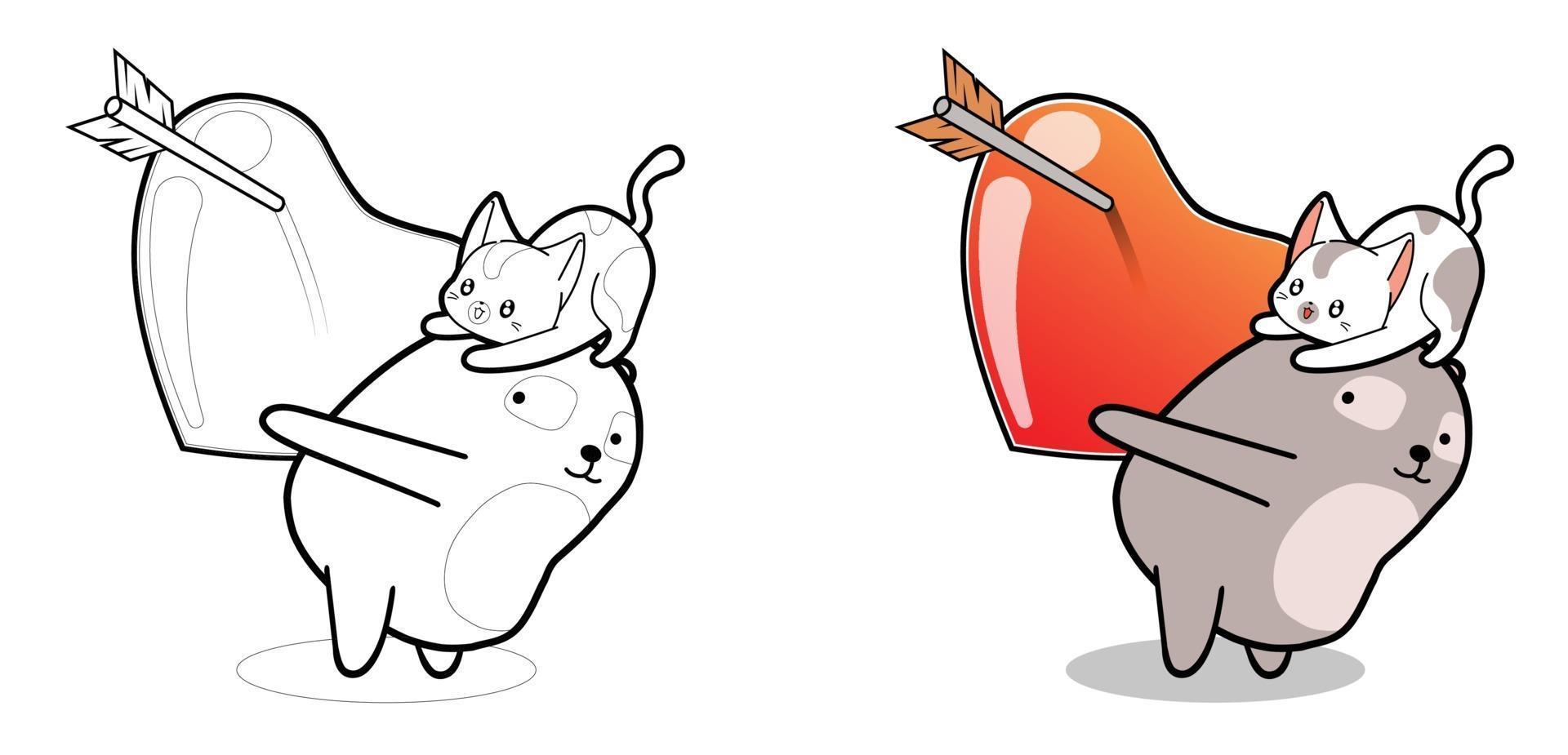 kawaii, panda, et, chat, caractère, à, grand coeur, dessin animé, coloration, page vecteur