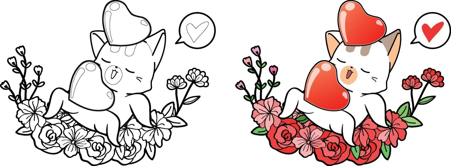 chat mignon et coeurs avec guirlande pour coloriage de dessin animé saint valentin vecteur