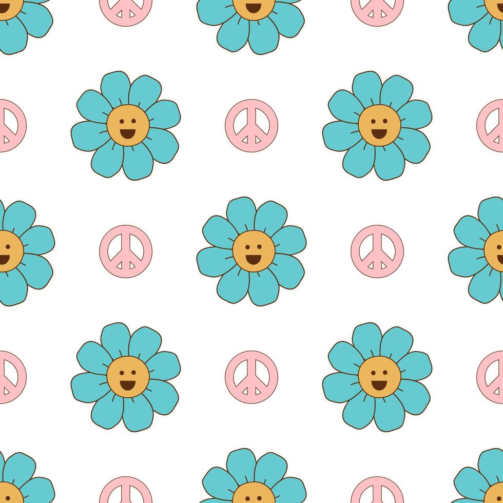 sensationnel fleurs modèle. rétro années soixante-dix floral sans couture modèle avec smiley fleurs paix symbole. pastel ancien sensationnel Marguerite fleurs. rétro floral Puissance Contexte surface conception vecteur illustration.