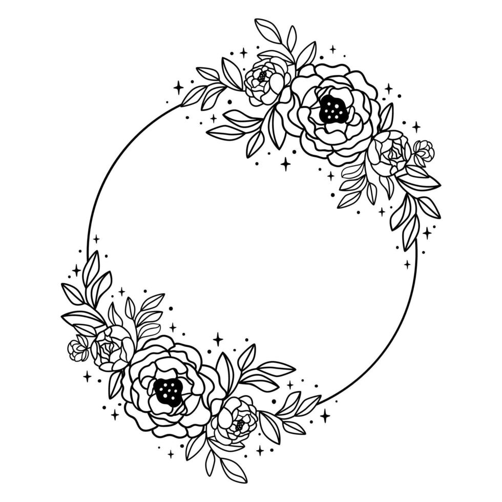 monochrome noir et blanc floral Cadre avec pivoines. ligne art fleur couronne. main tiré botanique été fleur pivoine dans esquisser. décoratif botanique vecteur illustration isolé élément