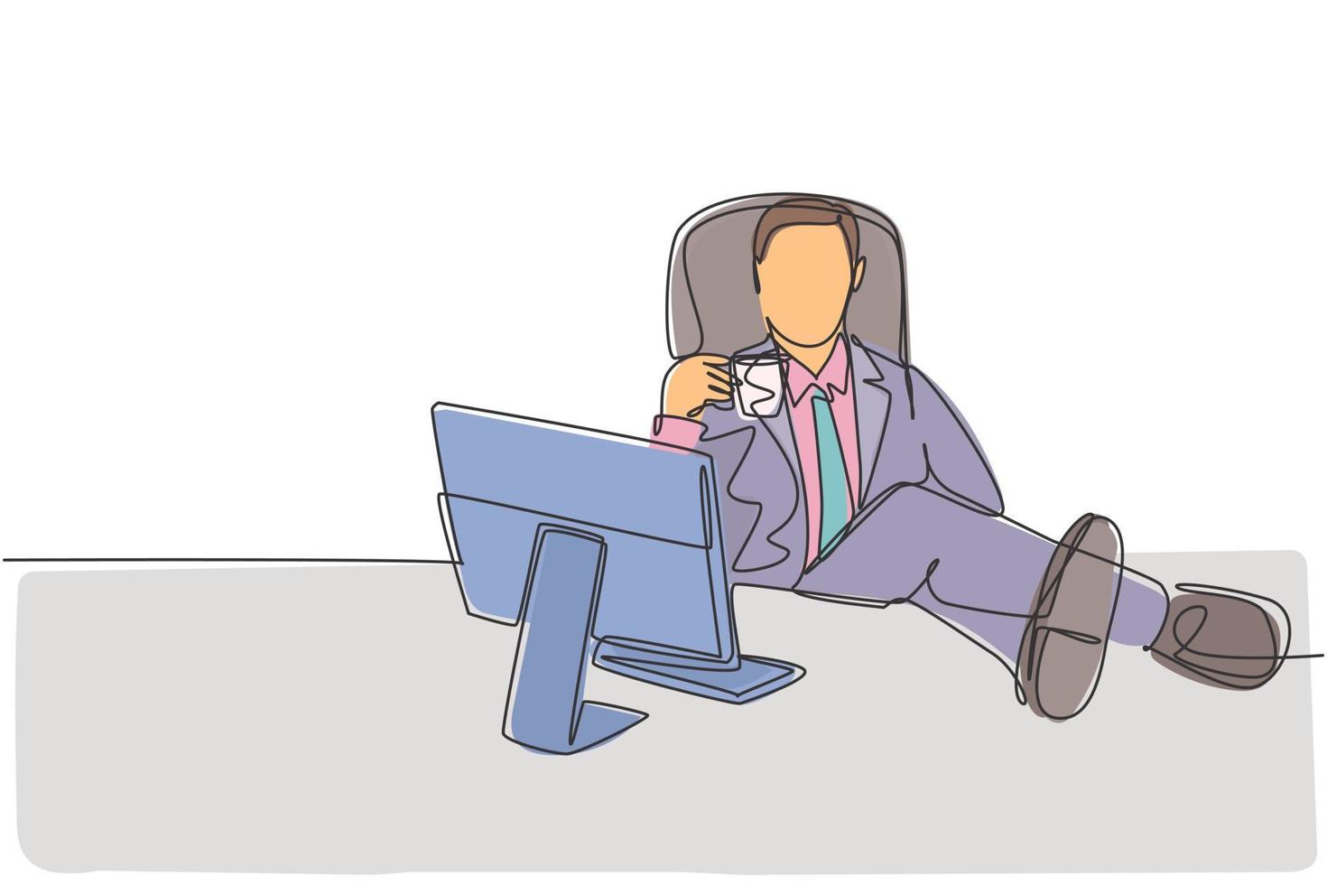 dessin au trait continu unique d'un jeune homme d'affaires heureux analysant le rapport annuel sur un écran d'ordinateur tout en faisant une pause au bureau. boire du café concept une ligne dessiner design vector illustration