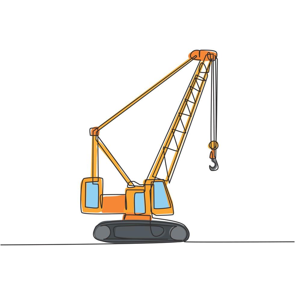 un dessin au trait continu d'un camion-grue pour la construction de bâtiments, des véhicules utilitaires commerciaux. concept d'équipement de camions de construction lourde. illustration vectorielle de dessin dynamique à une seule ligne vecteur