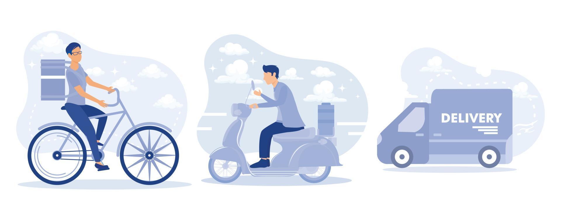 en ligne livraison un service concept, en ligne commande suivi, livraison Accueil et bureau. entrepôt, camion, scooter et vélo courrier, livraison homme dans respiratoire masque. ensemble plat vecteur moderne illustration