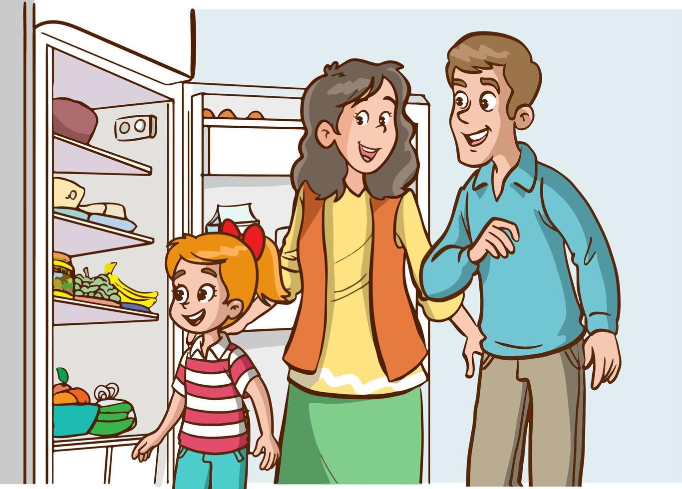 famille à la recherche à nourriture avec le réfrigérateur porte ouvert vecteur