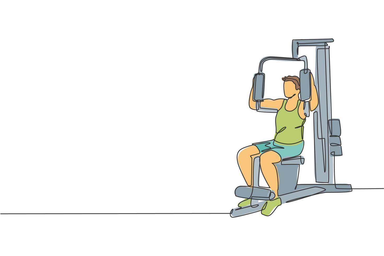 une ligne continue dessinant un jeune homme sportif travaillant avec une machine ab crunch dans le centre du club de fitness. concept de sport de remise en forme sain. illustration graphique vectorielle de conception de dessin à une seule ligne dynamique vecteur