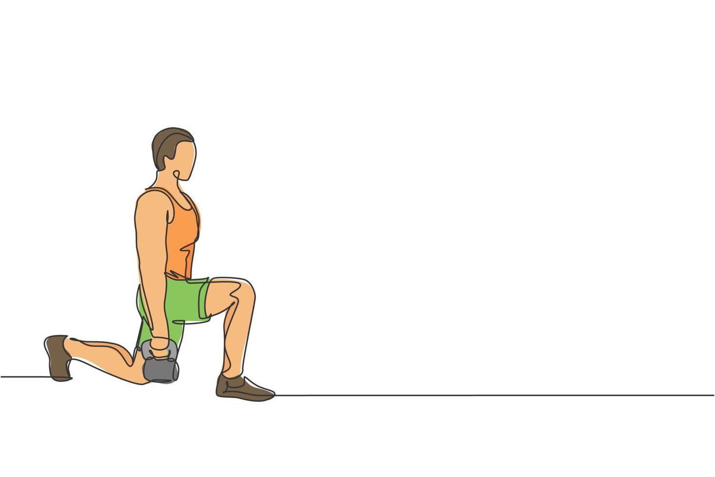 dessin en ligne continue unique d'un jeune homme sportif s'entraînant de haut en bas avec kettlebell dans le centre du club de gymnastique sportive. concept d'étirement de remise en forme. illustration vectorielle de conception de dessin à une ligne à la mode vecteur