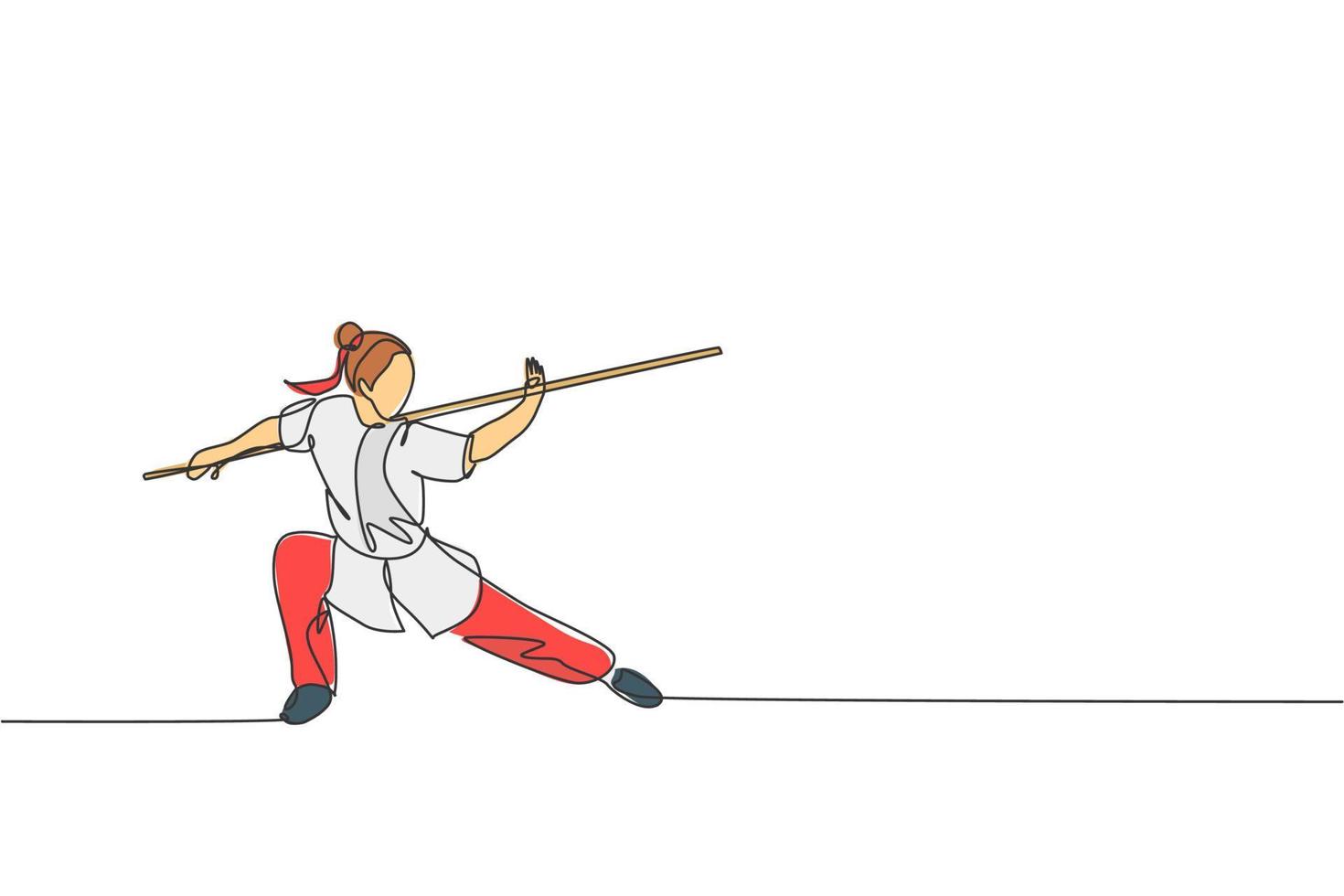 dessin en ligne continue d'une jeune femme combattante de wushu, maître de kung fu en train uniforme avec un long personnel au centre du dojo. concept de concours de combat. illustration vectorielle de conception de dessin à une ligne à la mode vecteur