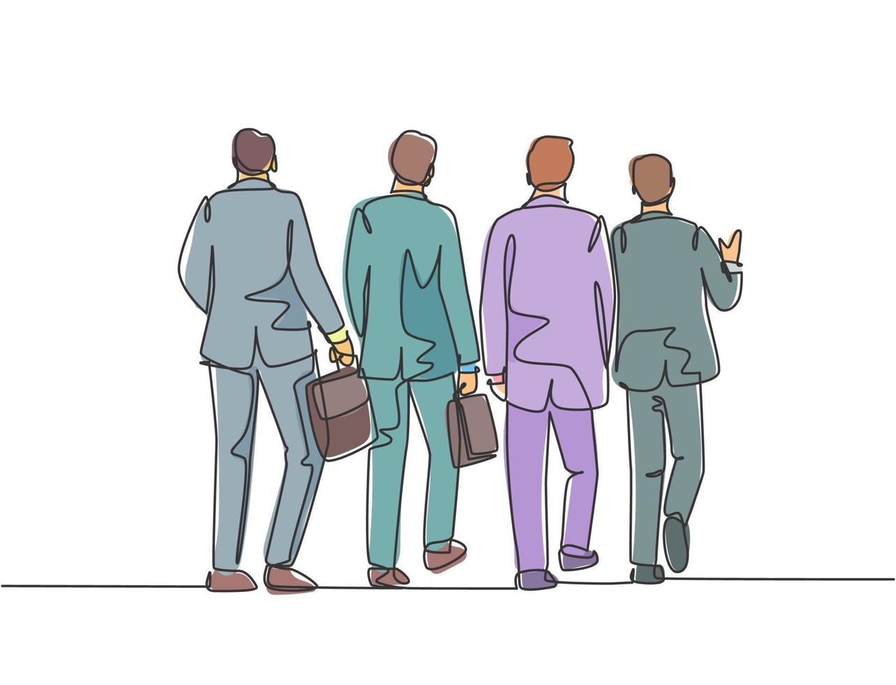 un seul dessin au trait de jeunes hommes d'affaires discutant du travail tout en marchant ensemble dans la rue de la ville jusqu'au bureau. concept de travailleurs de banlieue urbaine ligne continue dessiner illustration vectorielle de conception vecteur