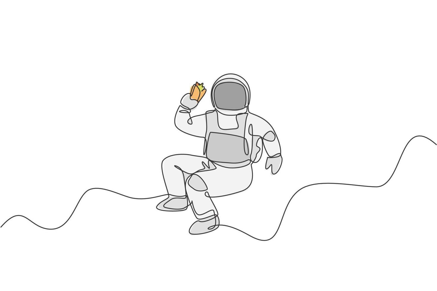 un dessin au trait continu d'un cosmonaute mangeant un taco mexicain épicé dans l'univers galactique. concept de vie d'astronaute de l'espace extra-atmosphérique fantastique. Graphique d'illustration vectorielle de conception de dessin à une seule ligne dynamique vecteur