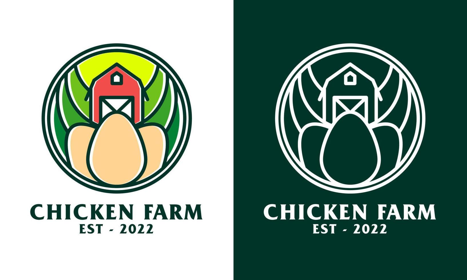 poulet ferme logo, combiner Oeuf forme et ferme scène. fabriqué dans une monoline style, cette logo est parfait pour logos pour poulet fermes, plantations et autres. vecteur