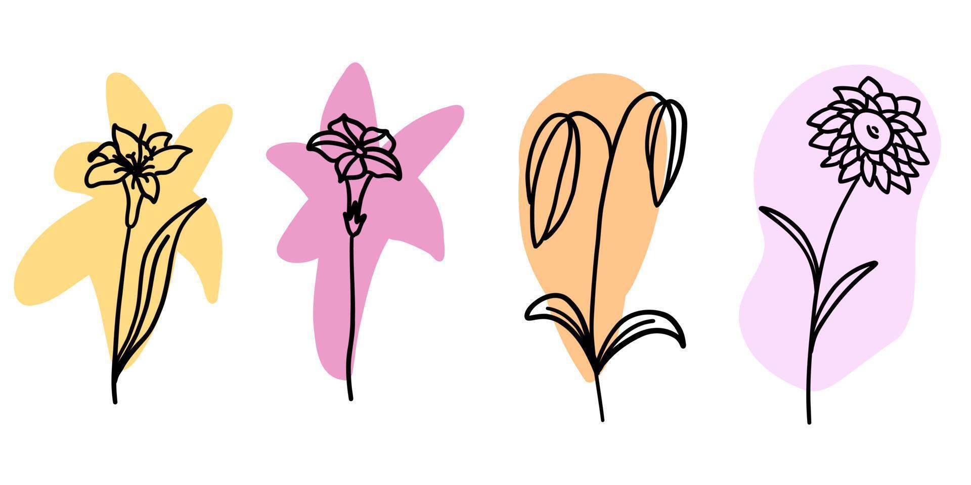 fleurs avec pinceau coloré dans un style de dessin animé plat doodle. illustration vectorielle sur fond blanc. vecteur