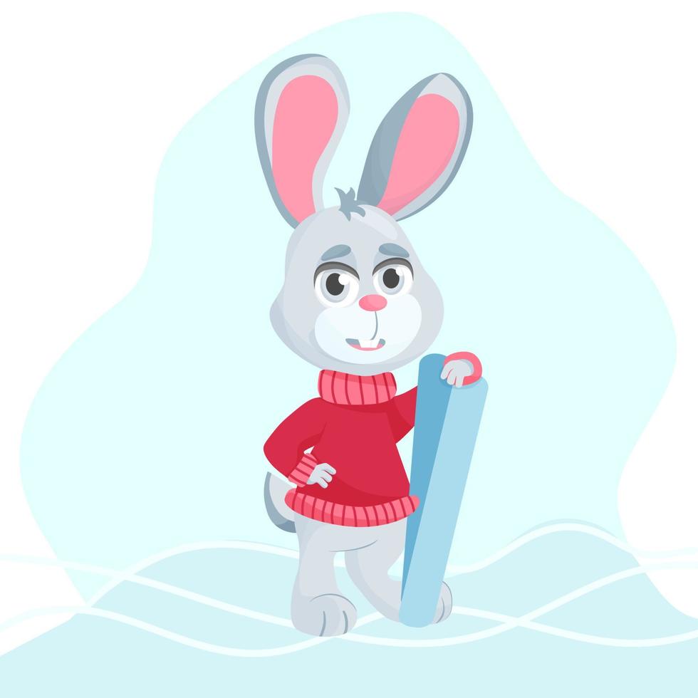 mignonne dessin animé lapin avec des skis. hiver des sports. main tiré style. vecteur