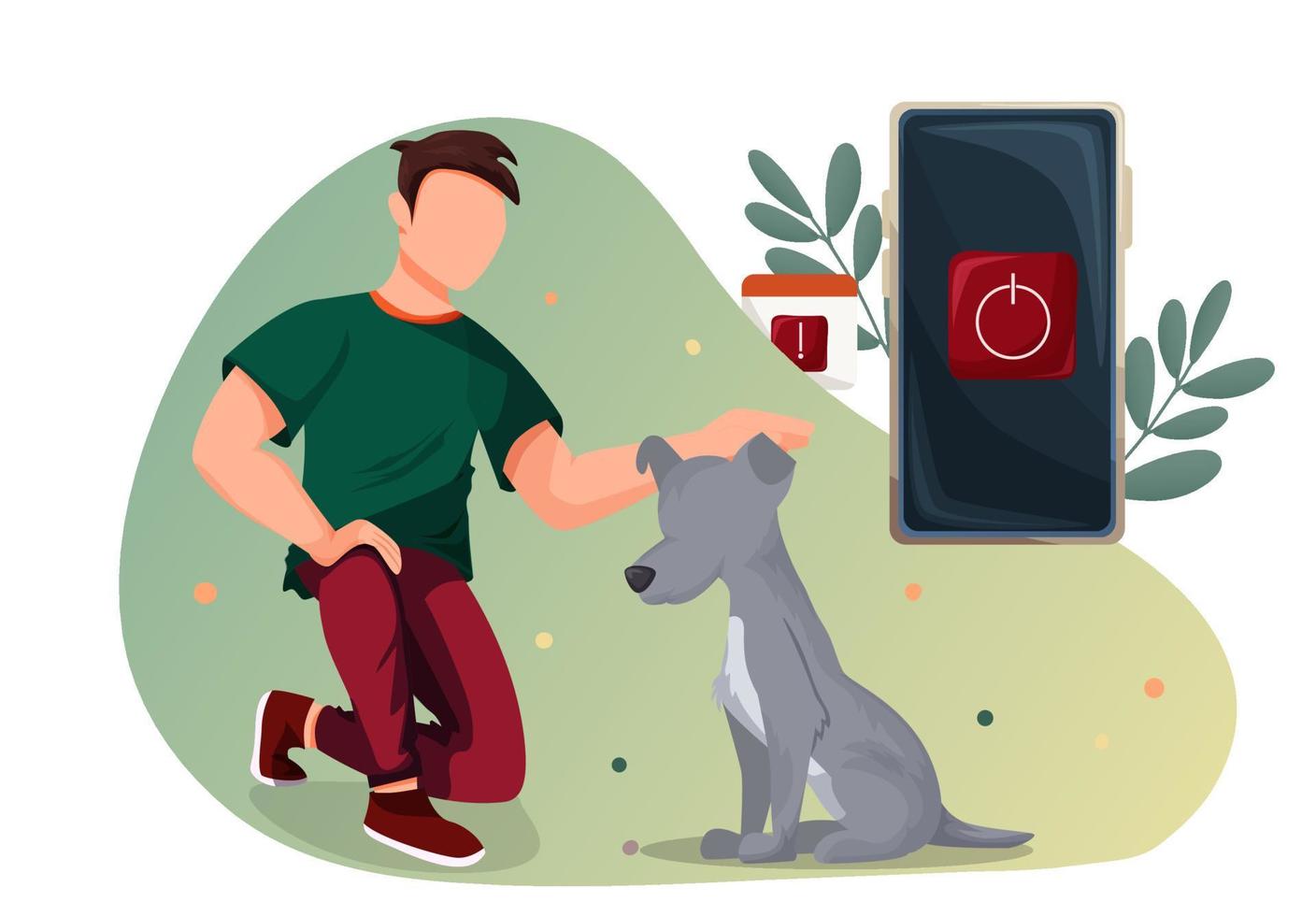 nationale journée de débranchement. dessin animé personnage est en jouant avec une chien, le téléphone est tourné désactivé. vecteur