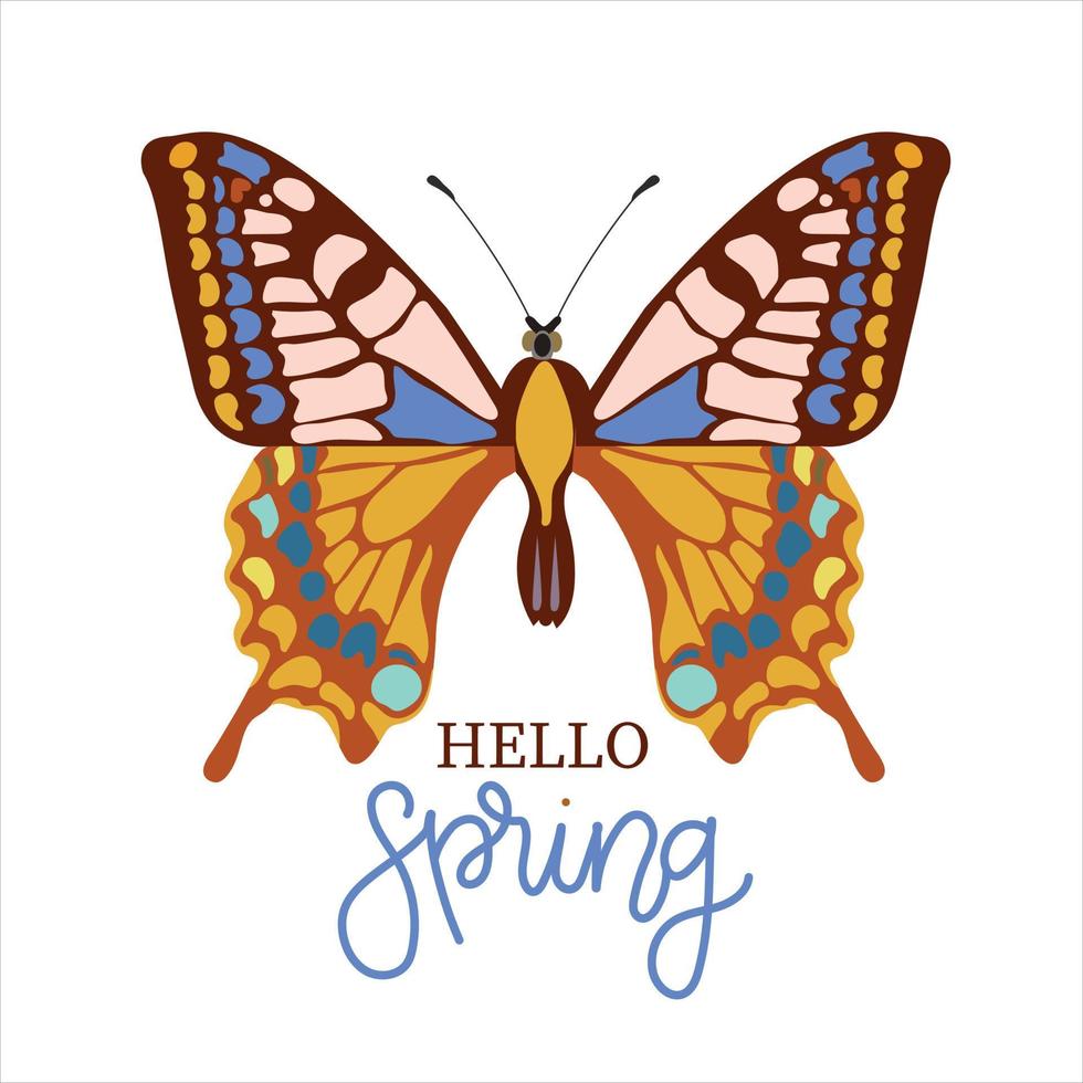 Bonjour printemps main tiré plat vecteur illustration. caractères printemps saison avec papillon pour salutation carte