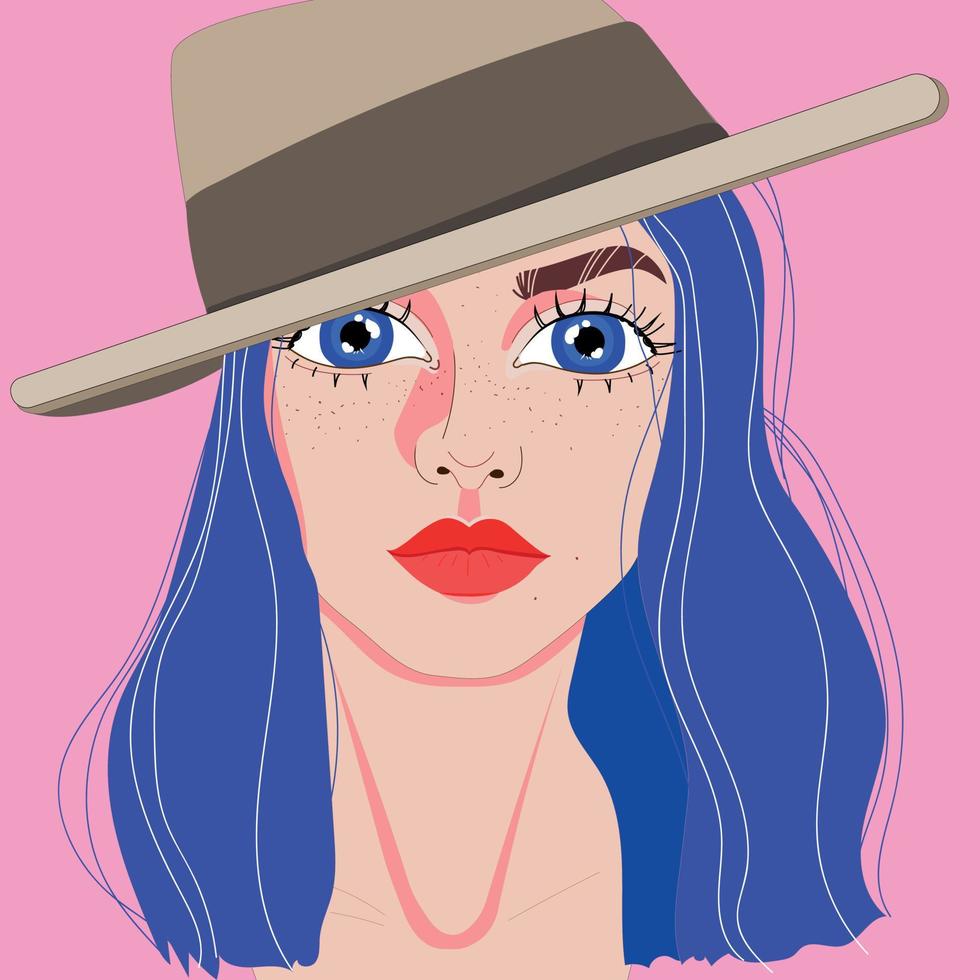 portrait de une fille dans une chapeau avec bleu cheveux vecteur