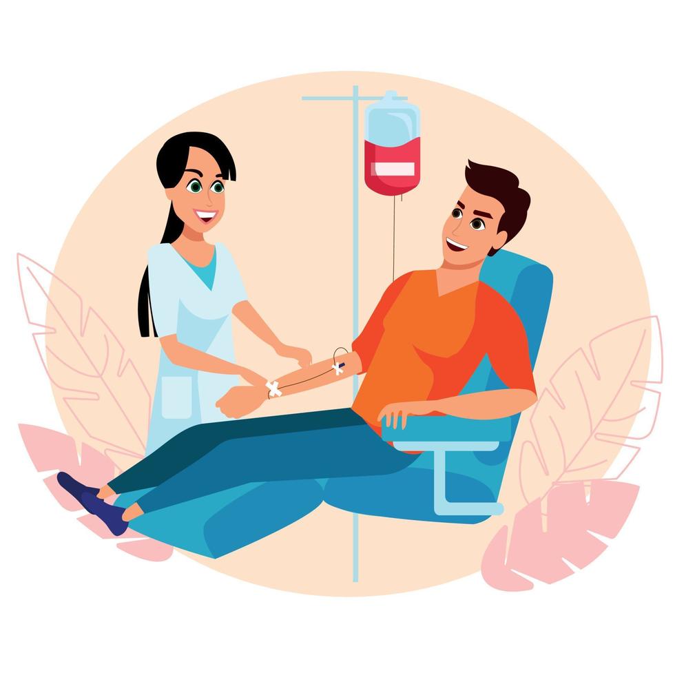 don de sang 2d vector illustration isolée. homme en chaise sur la transfusion sanguine. donneur avec des personnages plats d'infirmière souriante sur fond de dessin animé. travail caritatif et bénévolat scène colorée