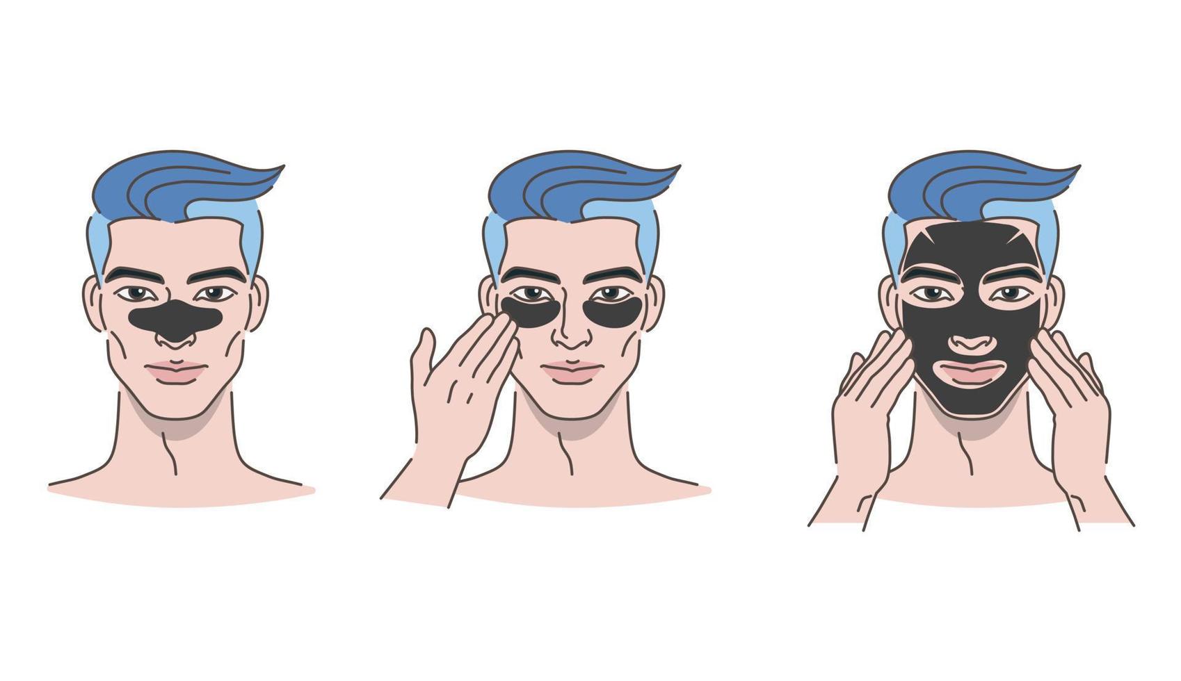 Jeune homme avec visage masque, spa et peau se soucier pour Hommes sur blanc arrière-plan, minimaliste style vecteur