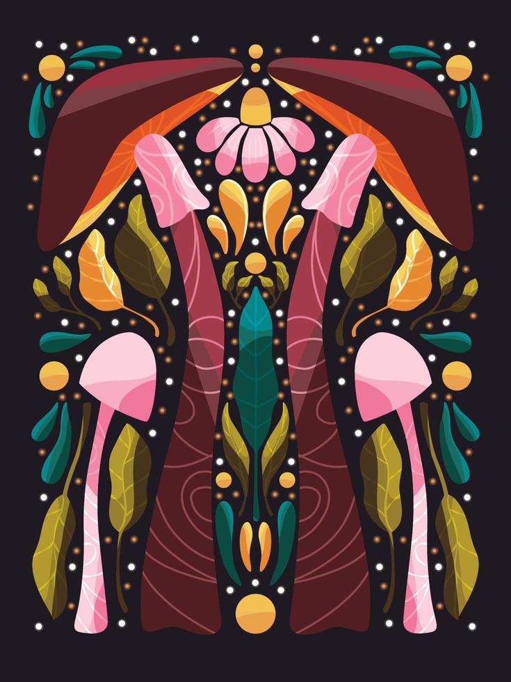 champignons et fleurs motifs dans symétrie art style. coloré vecteur illustration avec floral éléments, champignons et étoiles décoration.