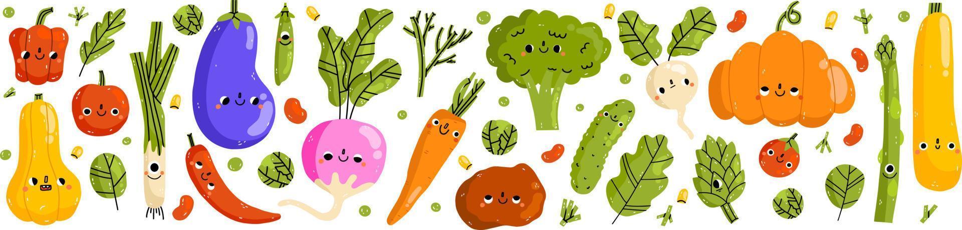 mignonne légume personnages avec marrant kawaii visages. content souriant en bonne santé nourriture ensemble. amusement citrouille, poivre, un radis, pomme de terre. des gamins plat graphique vecteur illustration isolé sur blanc Contexte