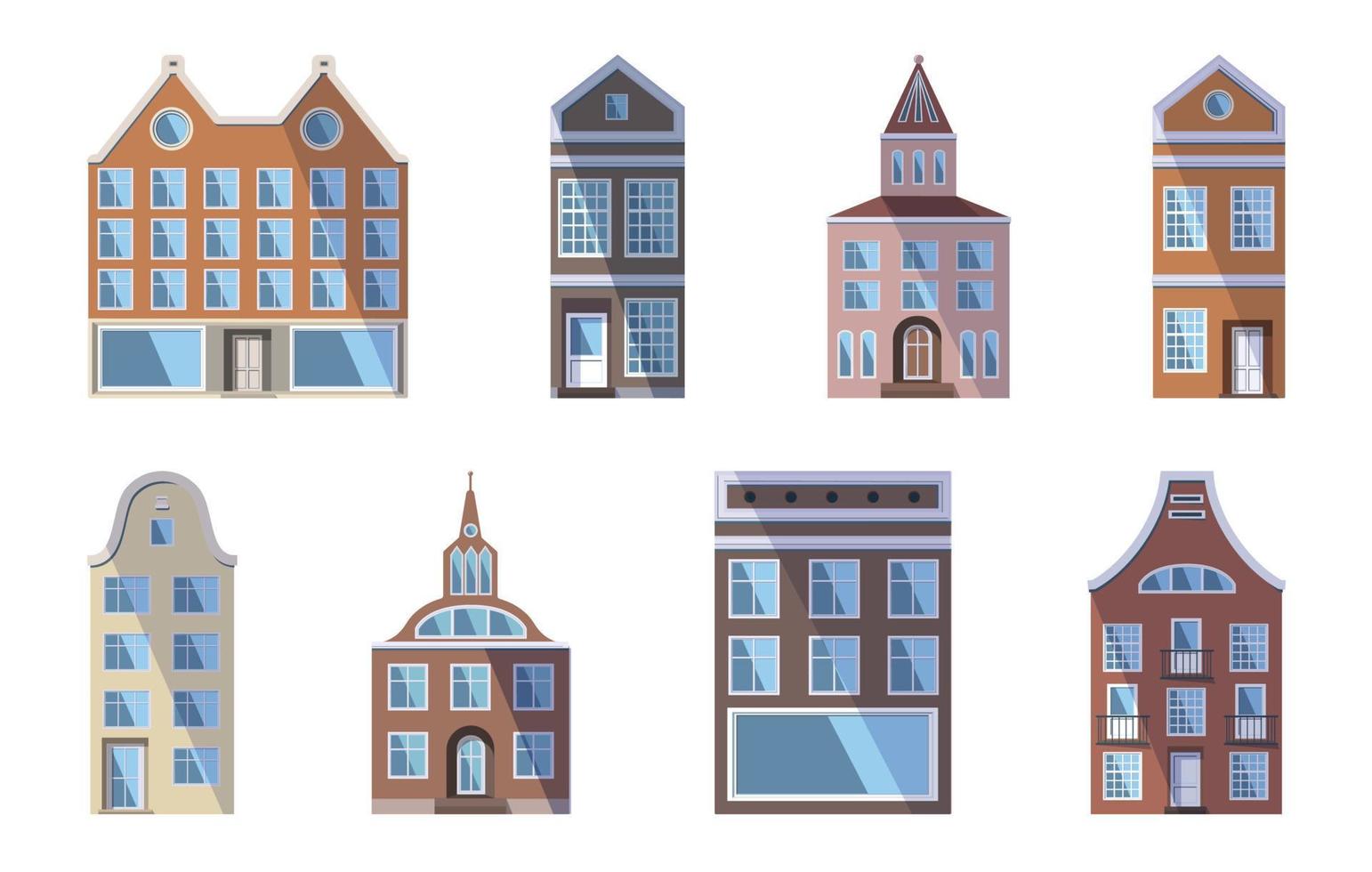 ensemble de européen coloré vieux Maisons, magasins et des usines dans le traditionnel néerlandais ville style. vecteur illustration dans le plat style isolé sur une blanc Contexte. conception éléments pour une bannière.