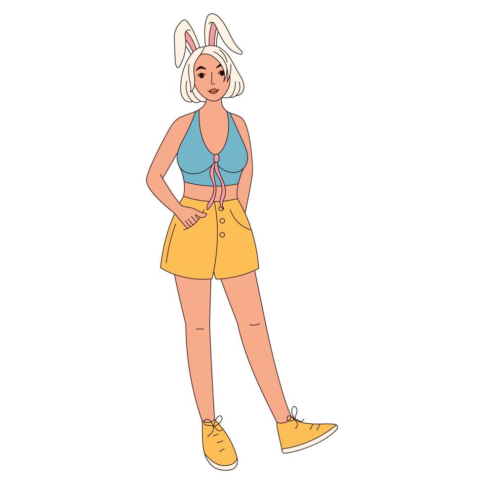 sensationnel hippie content Pâques personnage. fille avec lapin oreilles dans branché rétro Années 60 Années 70 dessin animé style. vecteur