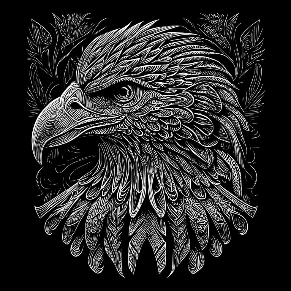 cette illustration dépeint le féroce et majestueux tête de un américain aigle, avec perçant yeux, tranchant le bec, et détaillé plumes. une symbole de Puissance et liberté vecteur