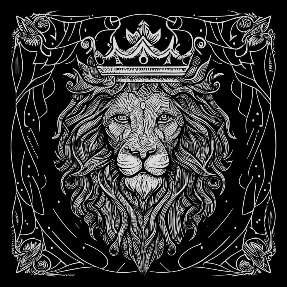 étourdissant dessin dépeint le majestueux tête de une Lion orné avec une Couronne, symbolisant Puissance et royalties. complexe détails apporter cette royal créature à vie, création une vraiment captivant pièce de art vecteur