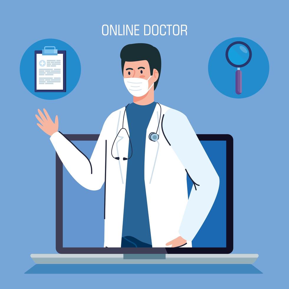 médecin sur l'ordinateur portable, concept de médecine en ligne avec des icônes médicales vecteur