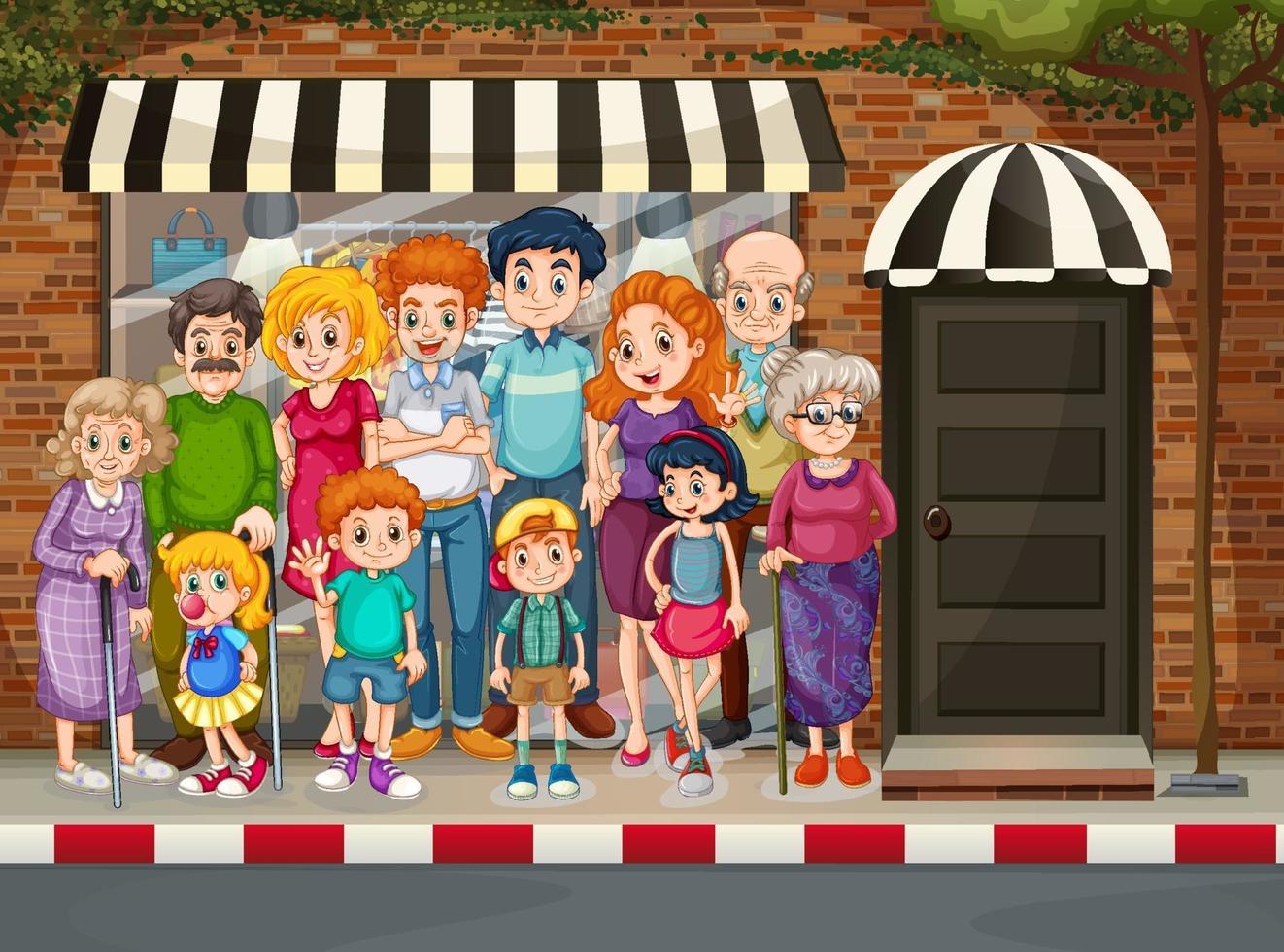 famille heureuse, debout devant le magasin vecteur
