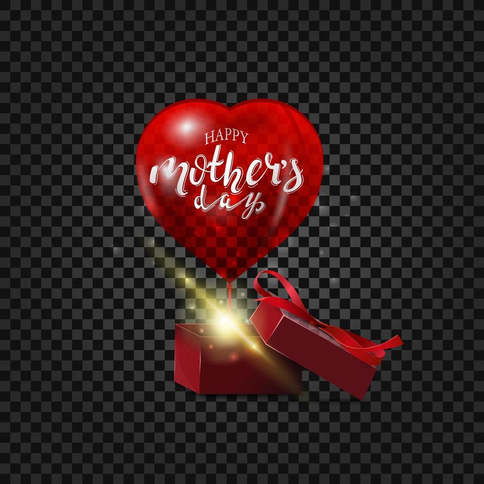 un ballon rouge en forme de cœur avec une belle inscription de fête des mères heureuse vole hors de la boîte cadeau. vecteur