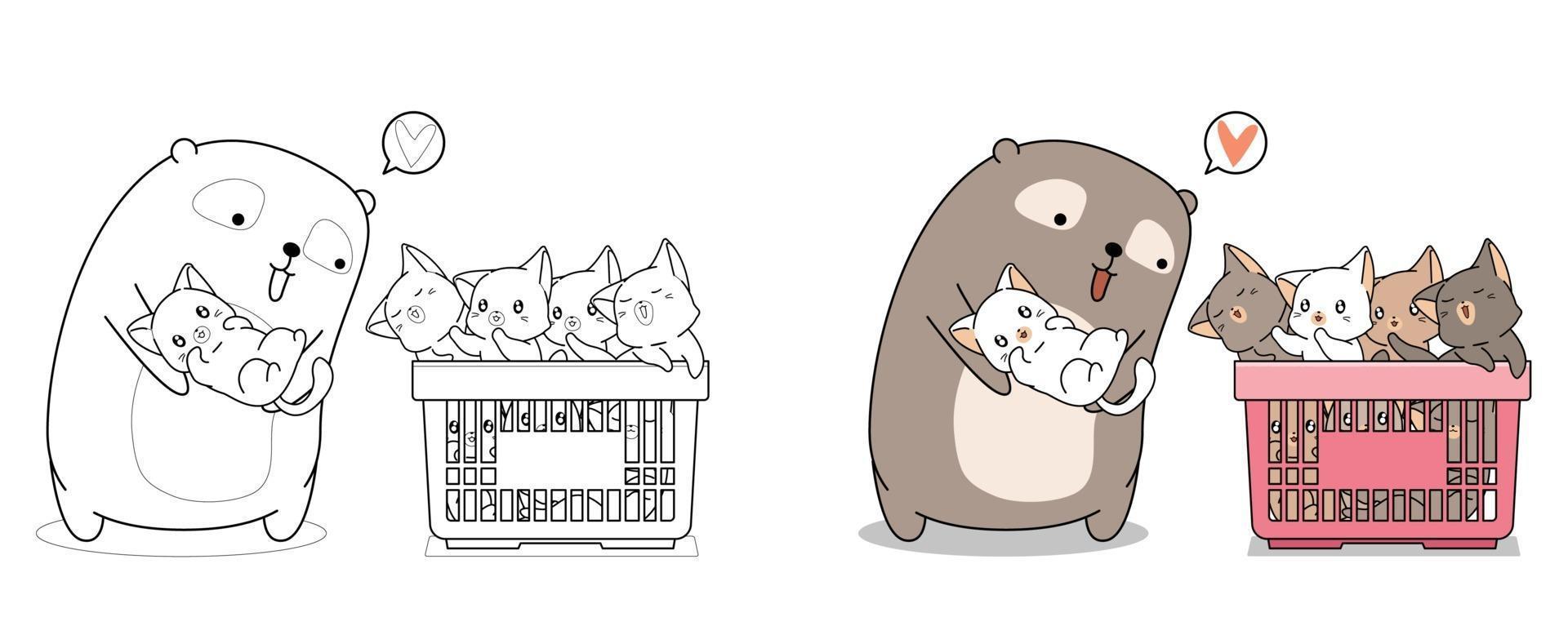 Coloriage de dessin animé mignon ours et bébés chats pour les enfants vecteur