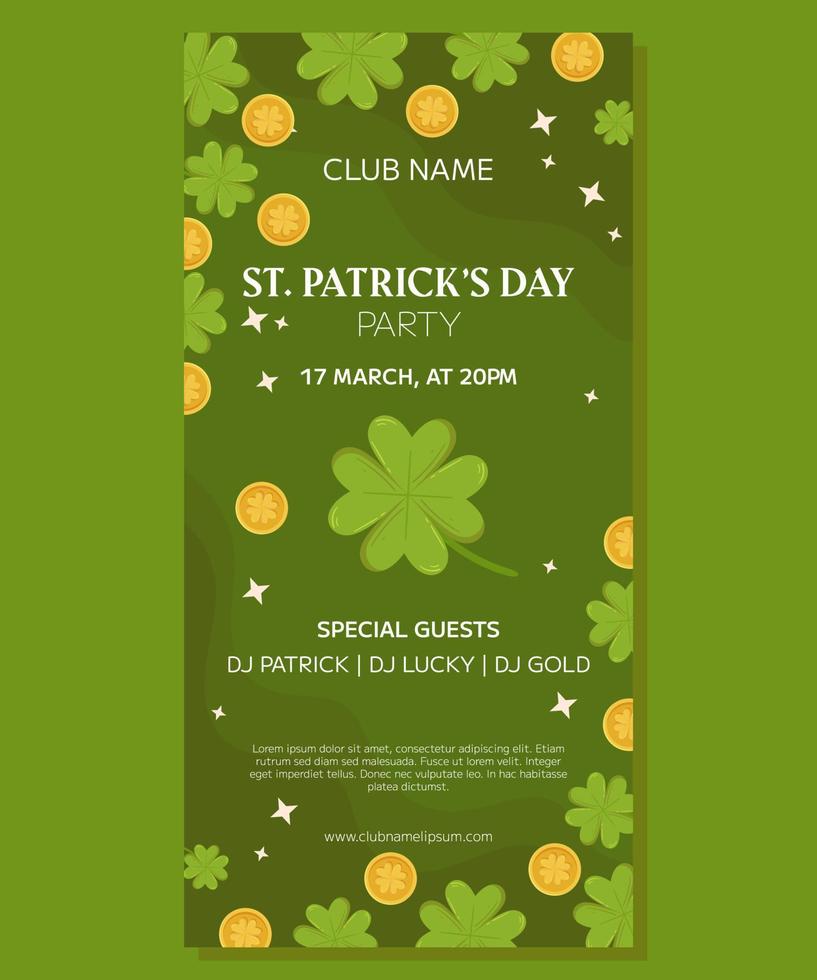 saint patrick journée vacances verticale fête bannière modèle conception. vert quatre feuilles trèfle ou trèfle et or pièces de monnaie. un événement invitation pour club et pub vecteur