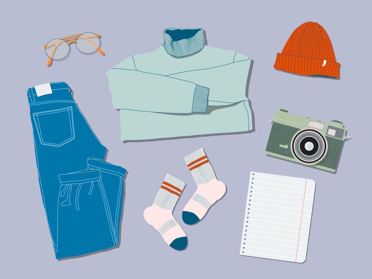 chandails, jeans, lunettes, chaussettes, chapeau, Remarque liste et film caméra plat allonger style. branché Haut vers le bas vue illustration. l'automne atmosphère. moderne minimaliste groupe de vêtements conception pour la toile carte, bannière. vecteur