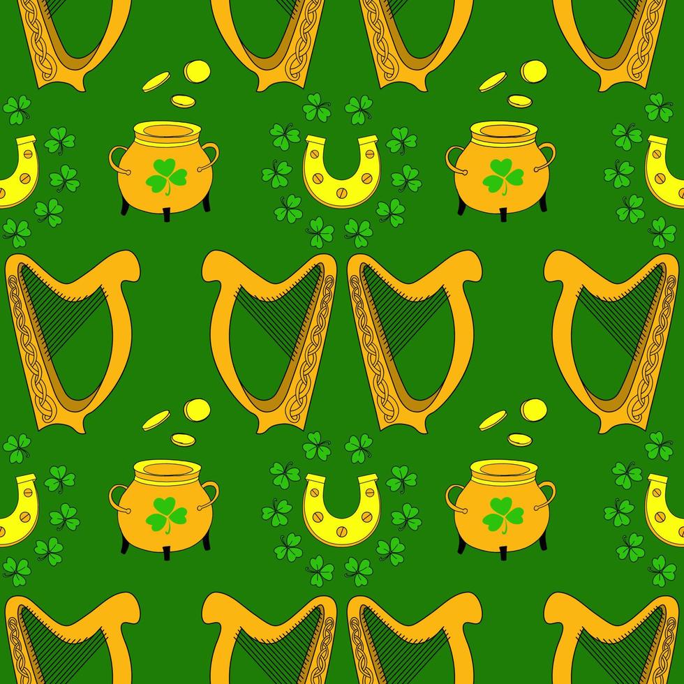 cool branché modèle avec trèfle. irlandais harpe. dessiné à la main sans couture modèle. mignonne Saint patrick mode imprimer. vecteur