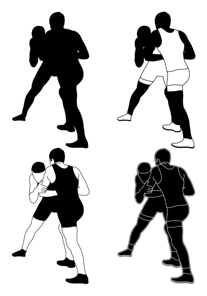 définir des silhouettes d'athlètes lutteurs dans la lutte, le duel, le combat. lutte gréco-romaine, libre, classique. art martial vecteur