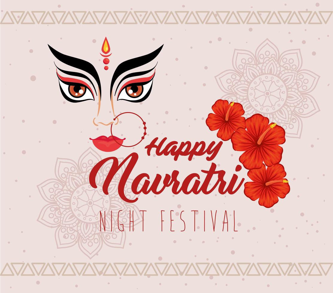 affiche de célébration hindoue navratri avec visage de durga et décoration de fleurs vecteur