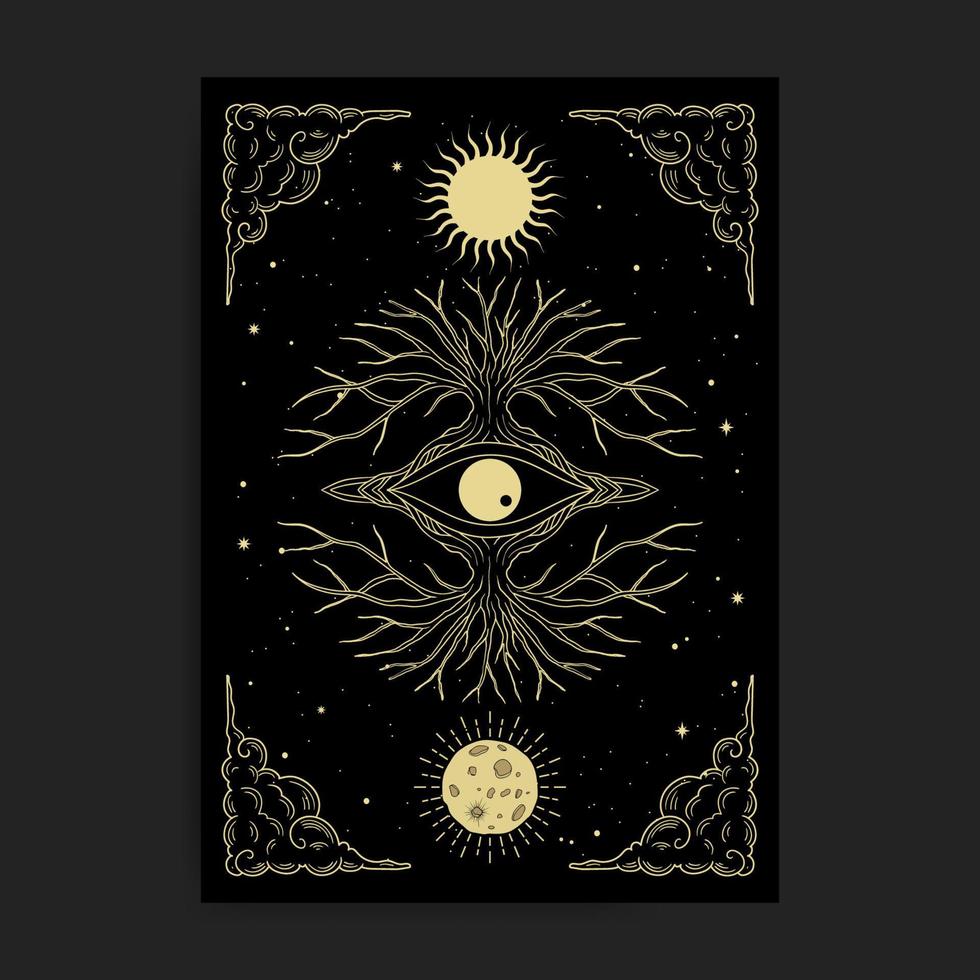 arbre de la vie et tout voyant œil avec le symbole de le deux le réalisme le Soleil et lune vecteur