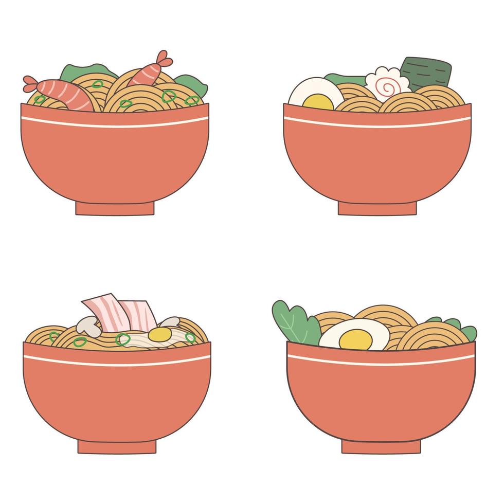 ensemble de assiettes avec ramens. bol avec asiatique nouilles. traditionnel Japonais nouille. asiatique aliments. Stock vecteur illustration dans dessin animé style