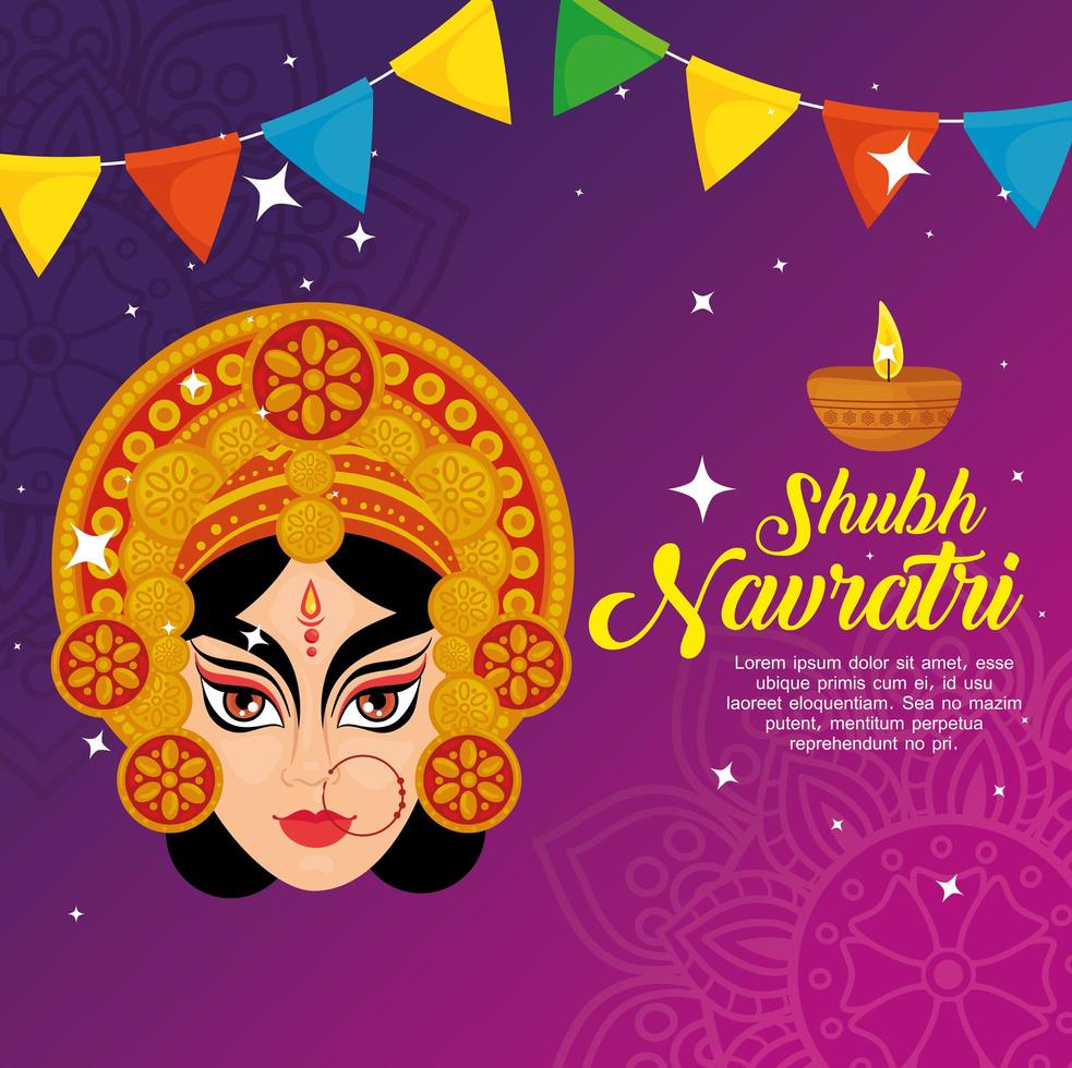 affiche de célébration hindoue navratri avec visage de Durga et décoration de guirlandes vecteur