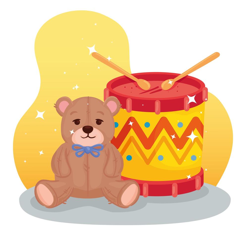 jouets pour enfants, tambour avec ours en peluche vecteur