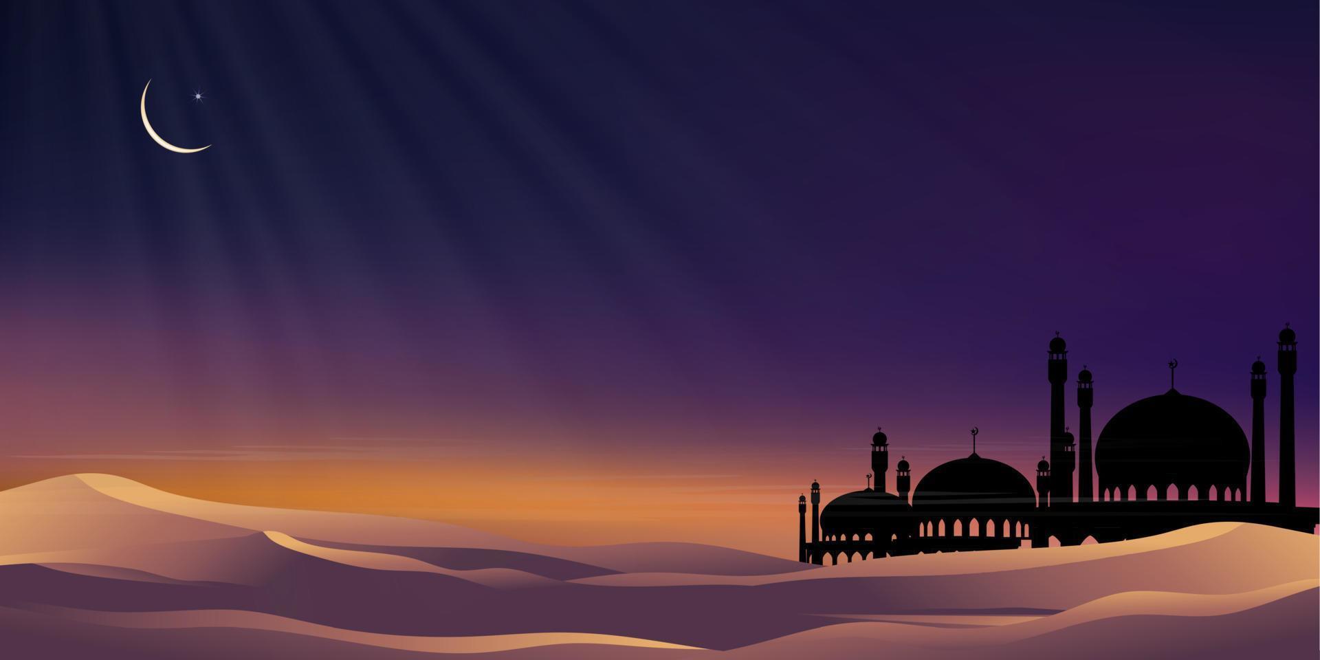 islamique carte avec mosquées dôme, croissant lune sur bleu ciel arrière-plan,vertical bannière Ramadan nuit avec crépuscule crépuscule ciel pour islamique religion, aïd al-adha, aïd moubarak, aïd Al Fitr, ramadan kareem vecteur