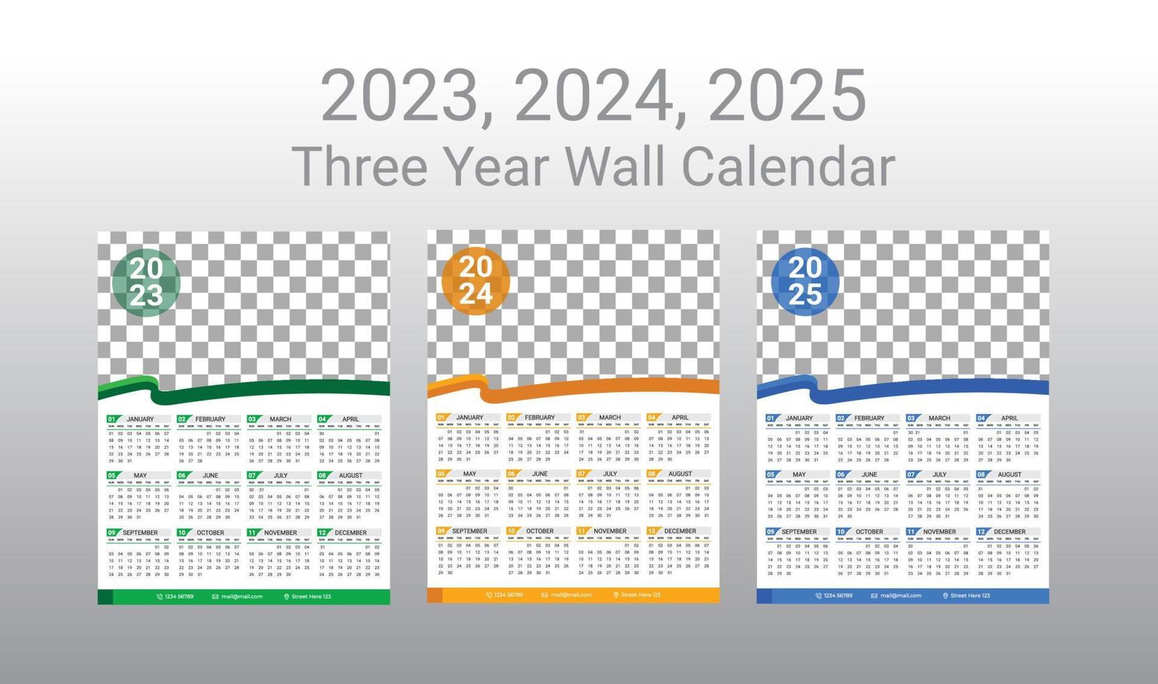 2023, 2024, 2025, Trois année calandre un page vecteur