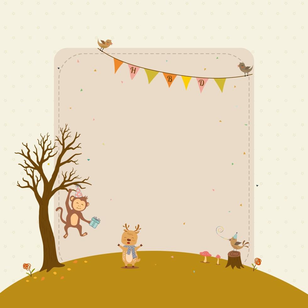 carte de joyeux anniversaire avec des animaux mignons, des arbres et des banderoles vecteur