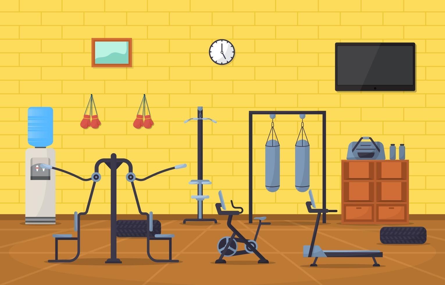 intérieur de la salle de fitness avec illustration vectorielle de matériel de musculation vecteur