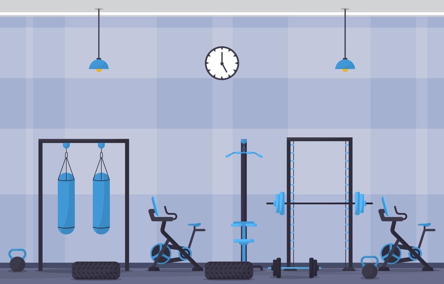 intérieur de la salle de fitness avec illustration vectorielle de matériel de musculation vecteur