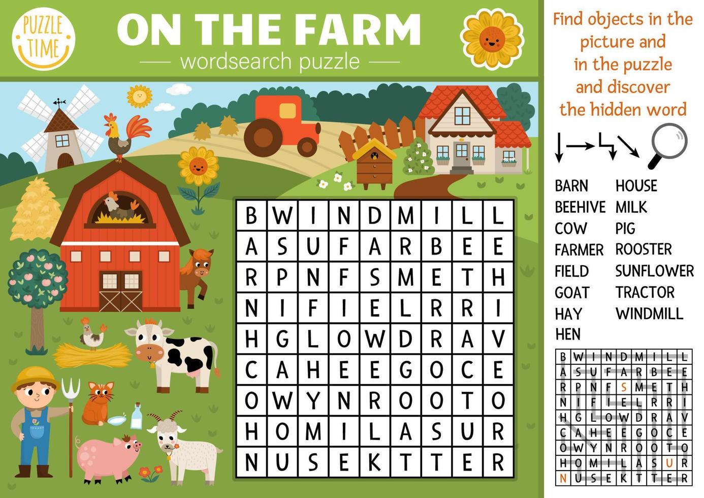 vecteur sur le ferme recherche de mot puzzle pour enfants. Facile ferme mot chercher quiz avec rural pays paysage. éducatif activité avec vache, agriculteur, Grange. traverser mot avec village scène