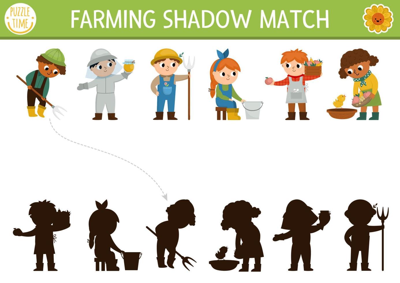 ferme ombre correspondant à activité avec mignonne enfant Les agriculteurs. pays village puzzle avec apiculteur, marché fournisseur, fille de laiterie. trouver correct silhouette imprimable feuille de travail ou jeu. sur le ferme page vecteur