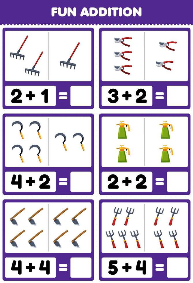 éducation Jeu pour les enfants amusement une addition par compte et somme de mignonne dessin animé râteau sécateur faucille pulvérisateur houe fourchette imprimable outil feuille de travail vecteur