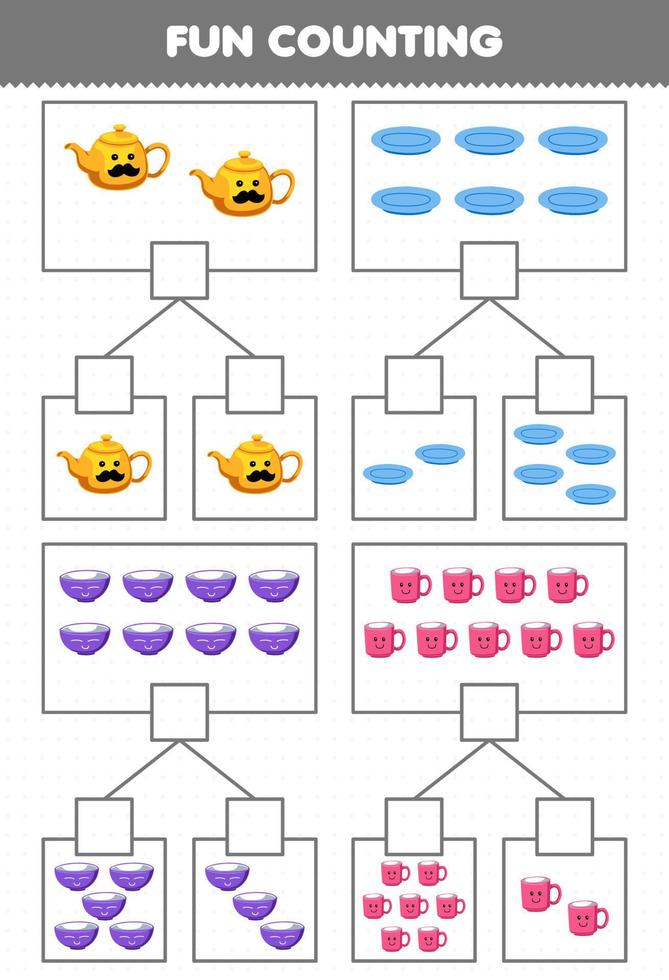 éducation Jeu pour les enfants amusement compte image dans chaque boîte de mignonne dessin animé théière assiette bol agresser imprimable outil feuille de travail vecteur